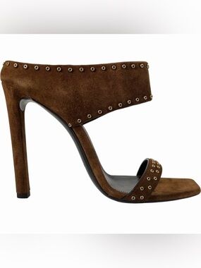 Saint Laurent YSL Mica Brown Suede Gold Stud Open Toe Stiletto Sandals 39